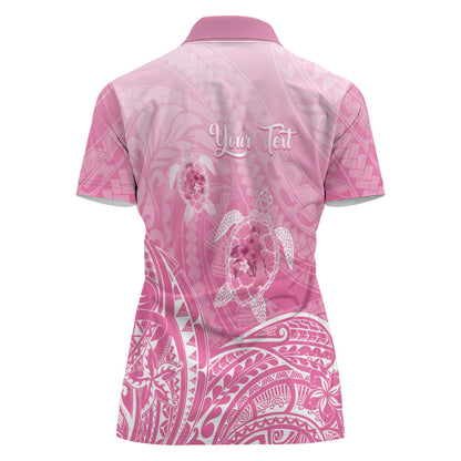 Personalised Polynesia Breast Cancer Support Women Polo Shirt No One Fights Alone Turtle Ribbon Pink