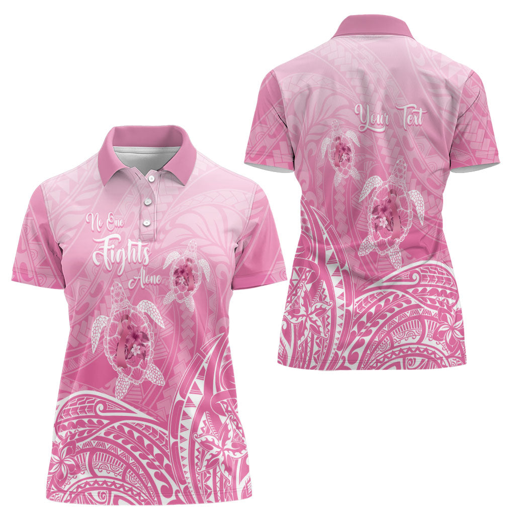 Personalised Polynesia Breast Cancer Support Women Polo Shirt No One Fights Alone Turtle Ribbon Pink