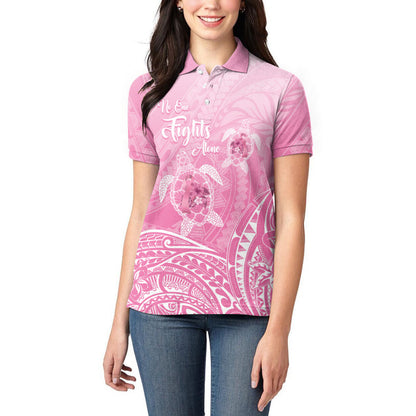 Personalised Polynesia Breast Cancer Support Women Polo Shirt No One Fights Alone Turtle Ribbon Pink