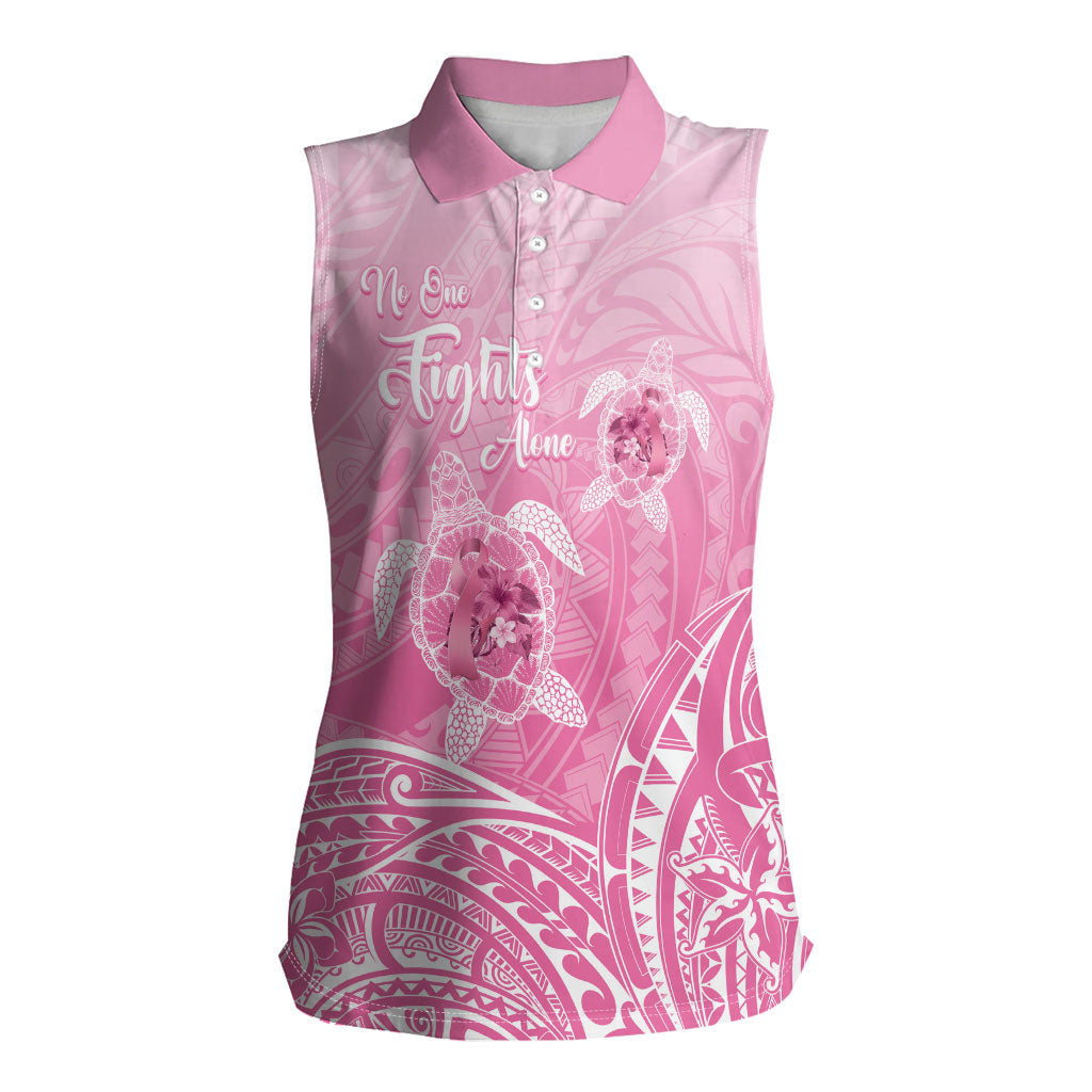 Personalised Polynesia Breast Cancer Support Women Sleeveless Polo Shirt No One Fights Alone Turtle Ribbon Pink