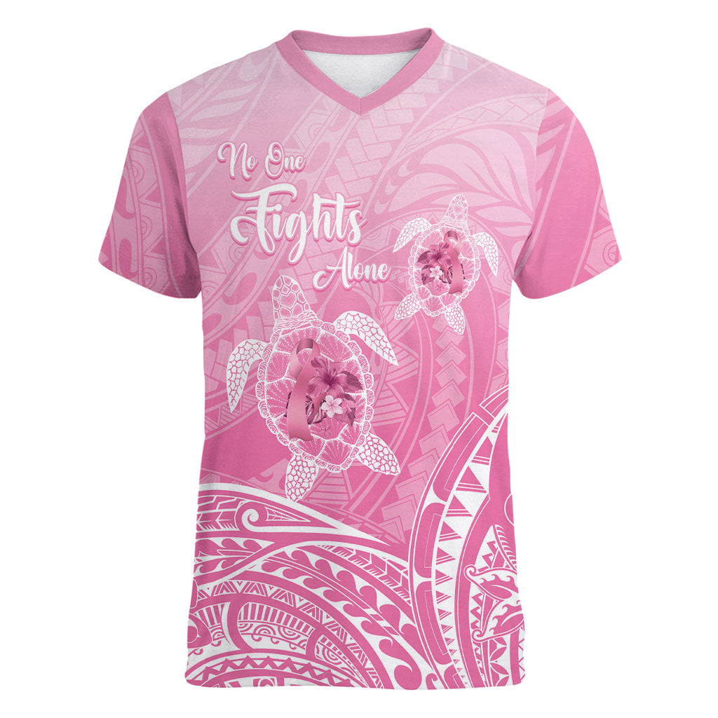 Personalised Polynesia Breast Cancer Support Women V-Neck T-Shirt No One Fights Alone Turtle Ribbon Pink