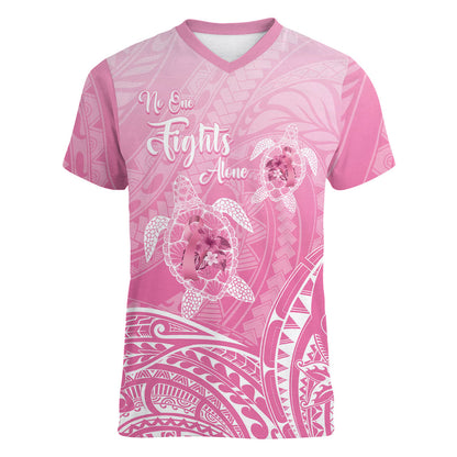 Personalised Polynesia Breast Cancer Support Women V-Neck T-Shirt No One Fights Alone Turtle Ribbon Pink
