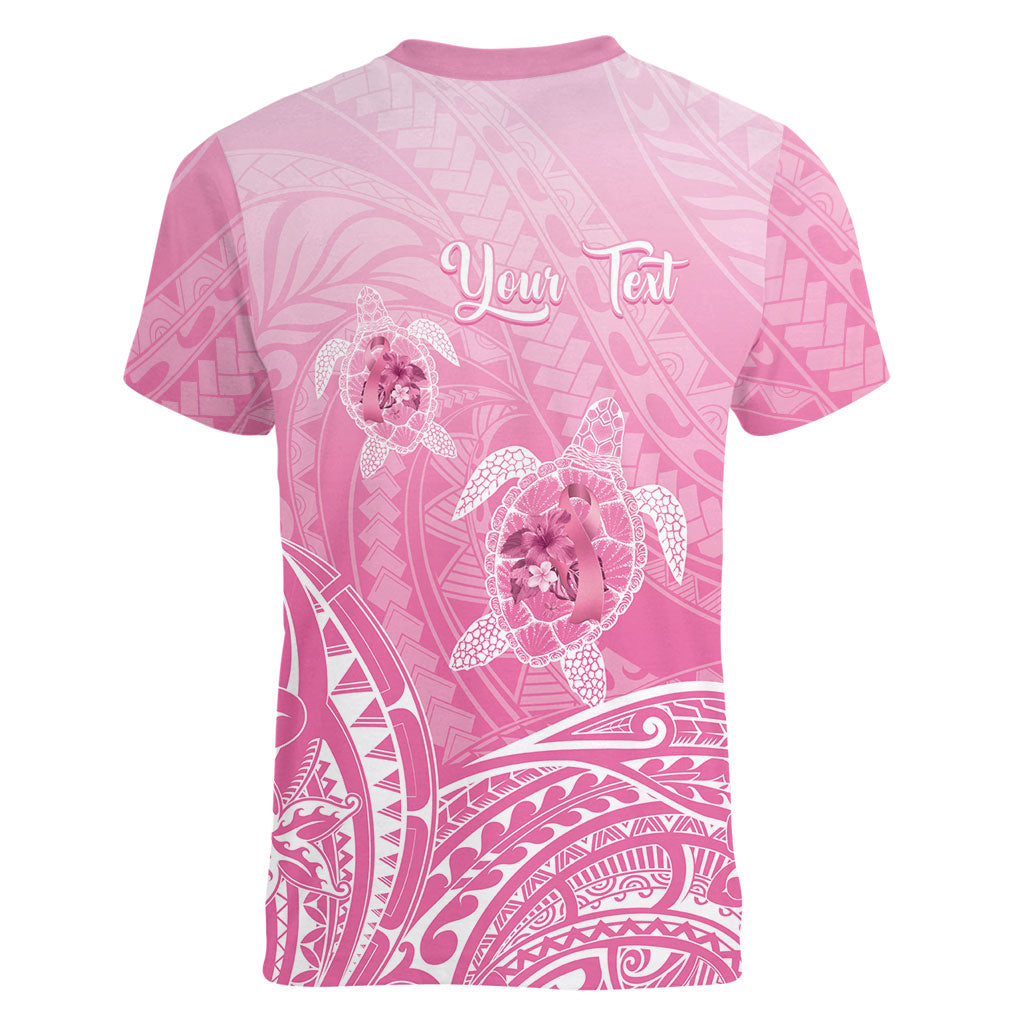 Personalised Polynesia Breast Cancer Support Women V-Neck T-Shirt No One Fights Alone Turtle Ribbon Pink