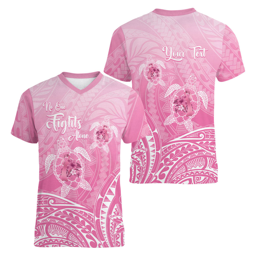 Personalised Polynesia Breast Cancer Support Women V-Neck T-Shirt No One Fights Alone Turtle Ribbon Pink
