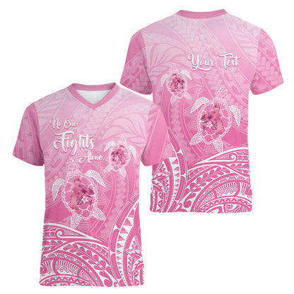Personalised Polynesia Breast Cancer Support Women V-Neck T-Shirt No One Fights Alone Turtle Ribbon Pink