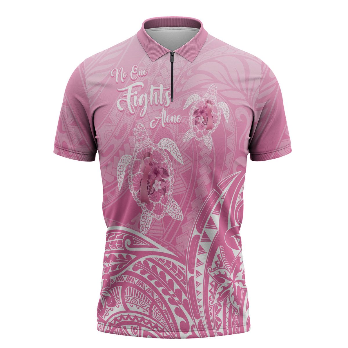 Personalised Polynesia Breast Cancer Support Zipper Polo Shirt No One Fights Alone Turtle Ribbon Pink