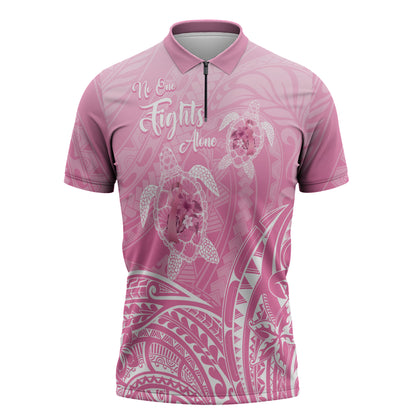 Personalised Polynesia Breast Cancer Support Zipper Polo Shirt No One Fights Alone Turtle Ribbon Pink