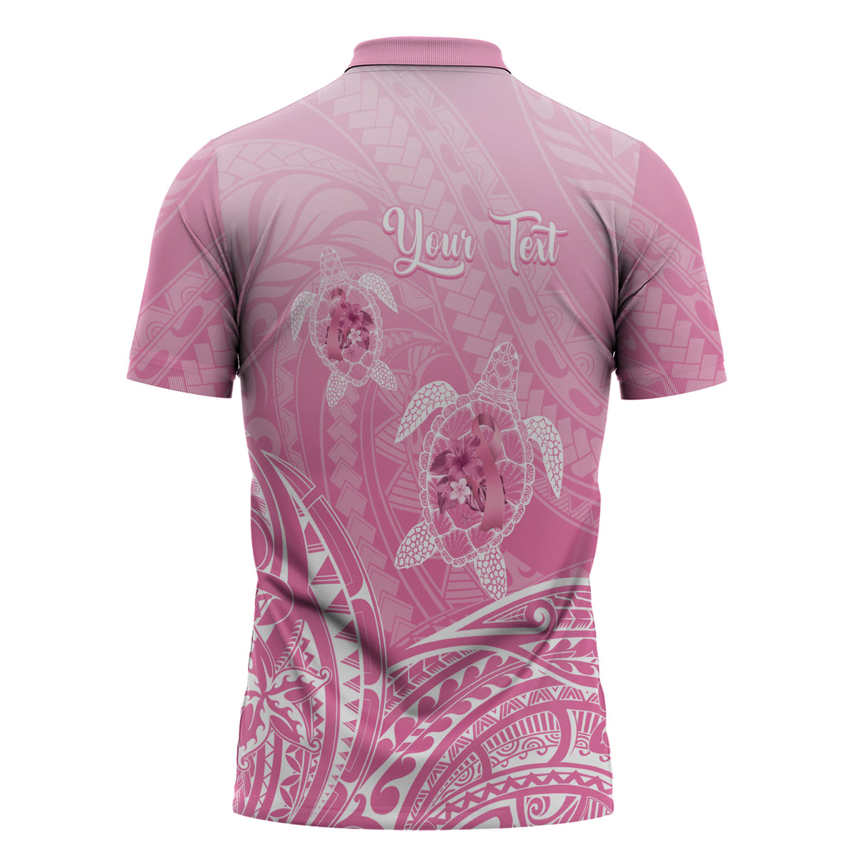 Personalised Polynesia Breast Cancer Support Zipper Polo Shirt No One Fights Alone Turtle Ribbon Pink