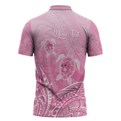 Personalised Polynesia Breast Cancer Support Zipper Polo Shirt No One Fights Alone Turtle Ribbon Pink