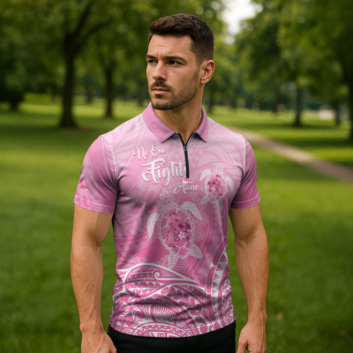 Personalised Polynesia Breast Cancer Support Zipper Polo Shirt No One Fights Alone Turtle Ribbon Pink