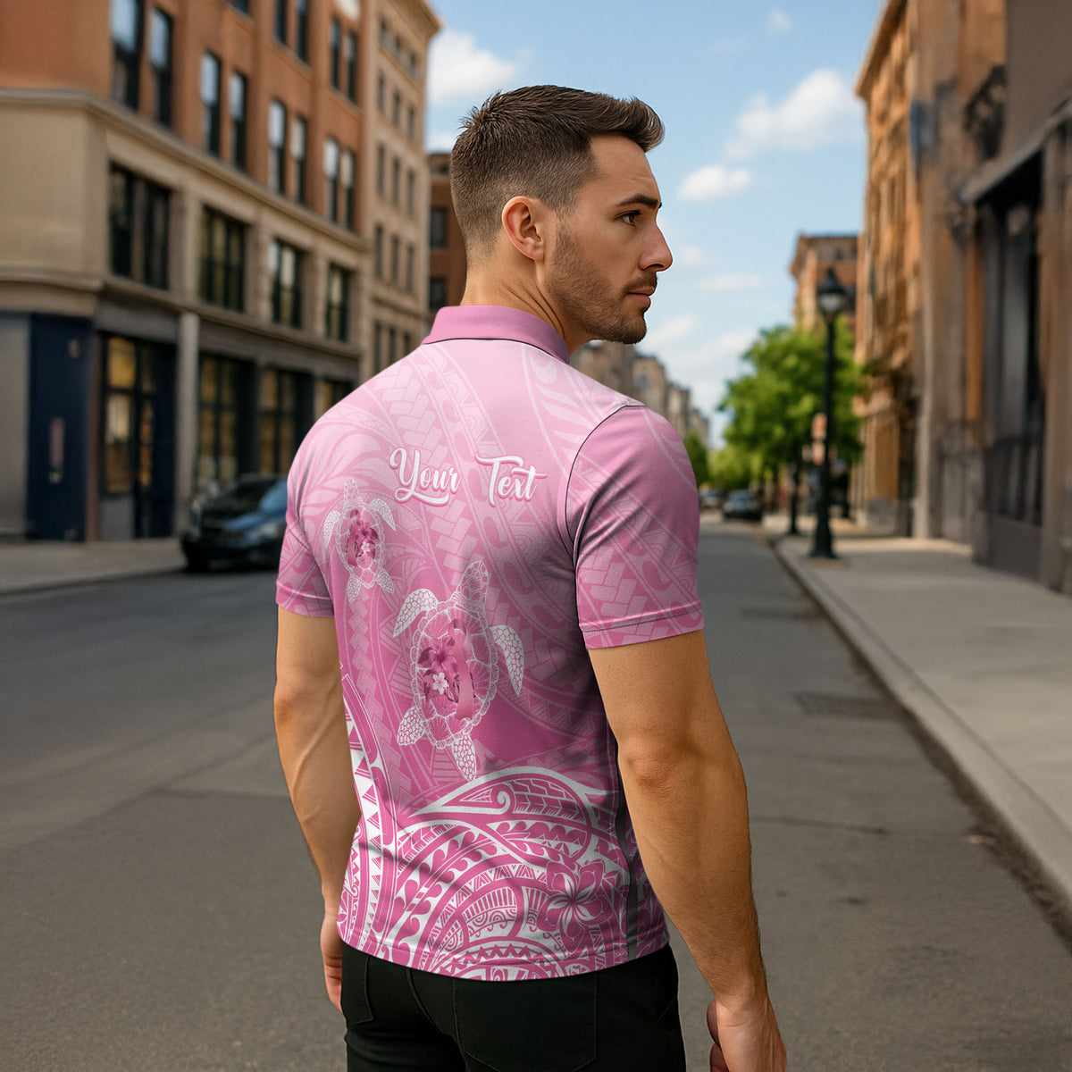 Personalised Polynesia Breast Cancer Support Zipper Polo Shirt No One Fights Alone Turtle Ribbon Pink