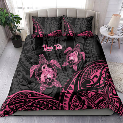 Personalised Polynesia Breast Cancer Support Bedding Set No One Fights Alone Turtle Ribbon Black