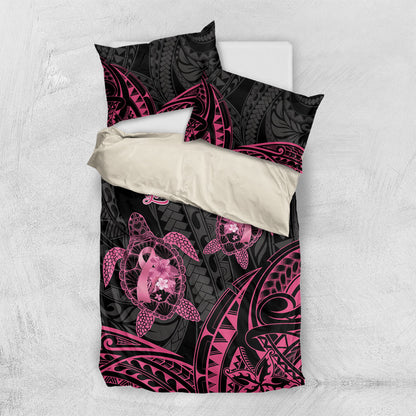 Personalised Polynesia Breast Cancer Support Bedding Set No One Fights Alone Turtle Ribbon Black