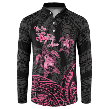 Personalised Polynesia Breast Cancer Support Button Sweatshirt No One Fights Alone Turtle Ribbon Black