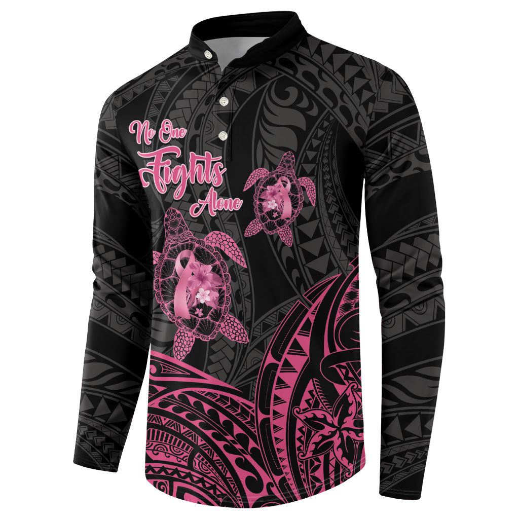 Personalised Polynesia Breast Cancer Support Button Sweatshirt No One Fights Alone Turtle Ribbon Black