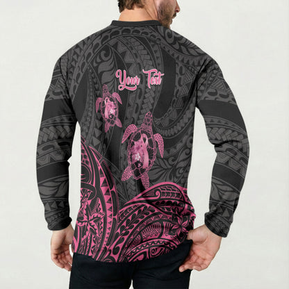 Personalised Polynesia Breast Cancer Support Button Sweatshirt No One Fights Alone Turtle Ribbon Black