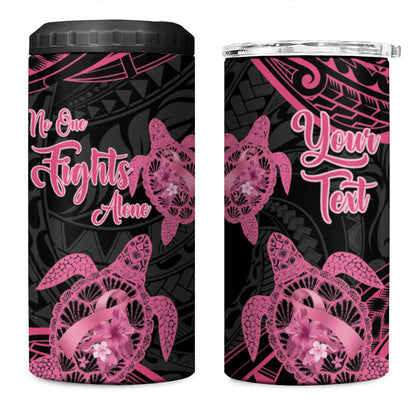Personalised Polynesia Breast Cancer Support 4 in 1 Can Cooler Tumbler No One Fights Alone Turtle Ribbon Black