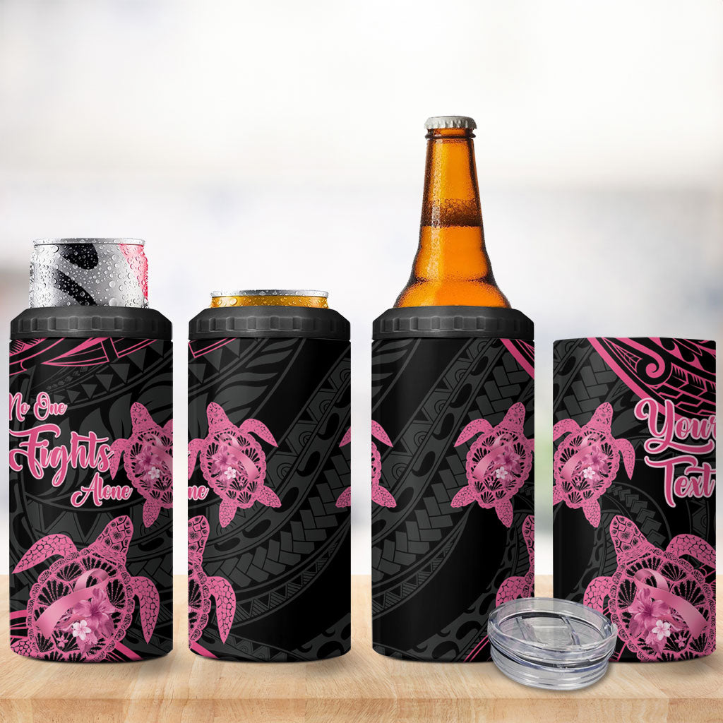 Personalised Polynesia Breast Cancer Support 4 in 1 Can Cooler Tumbler No One Fights Alone Turtle Ribbon Black