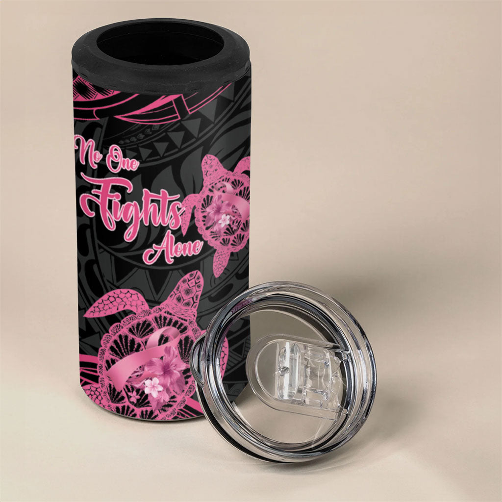 Personalised Polynesia Breast Cancer Support 4 in 1 Can Cooler Tumbler No One Fights Alone Turtle Ribbon Black