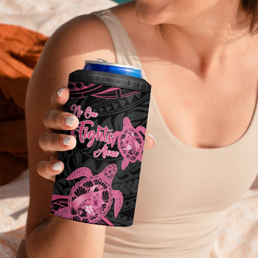 Personalised Polynesia Breast Cancer Support 4 in 1 Can Cooler Tumbler No One Fights Alone Turtle Ribbon Black