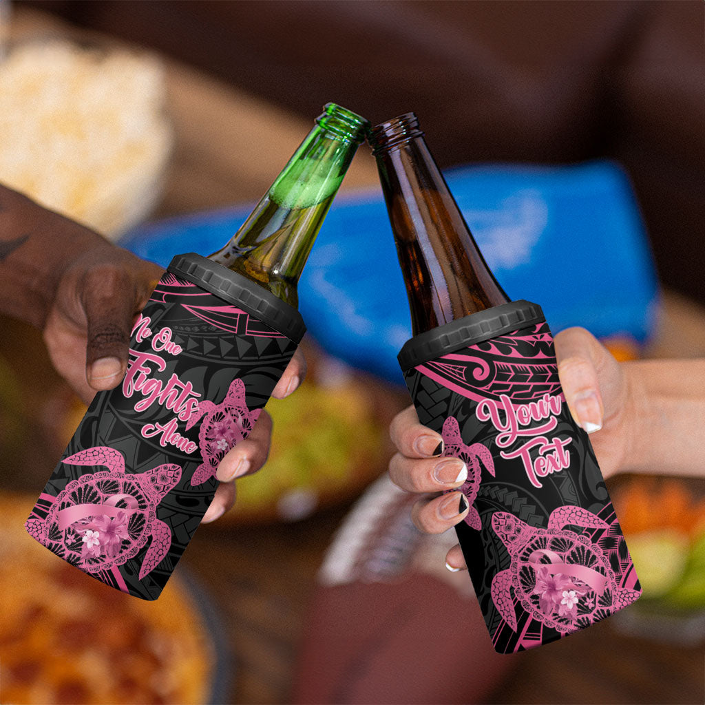 Personalised Polynesia Breast Cancer Support 4 in 1 Can Cooler Tumbler No One Fights Alone Turtle Ribbon Black