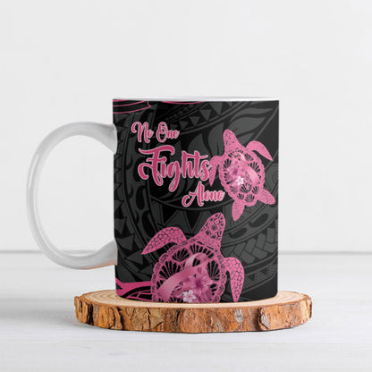 Personalised Polynesia Breast Cancer Support Ceramic Mug No One Fights Alone Turtle Ribbon Black
