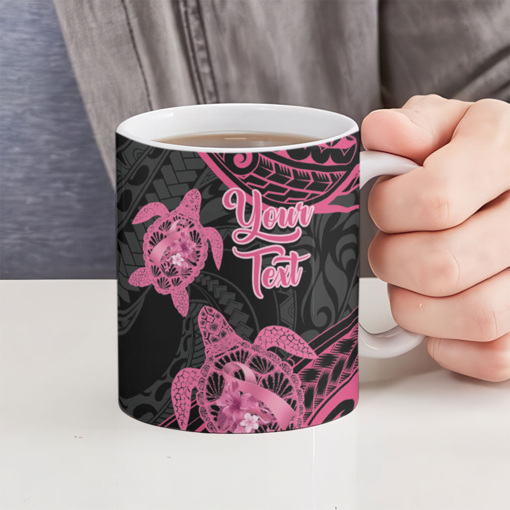 Personalised Polynesia Breast Cancer Support Ceramic Mug No One Fights Alone Turtle Ribbon Black