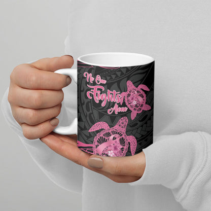 Personalised Polynesia Breast Cancer Support Ceramic Mug No One Fights Alone Turtle Ribbon Black