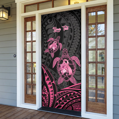 Personalised Polynesia Breast Cancer Support Door Cover No One Fights Alone Turtle Ribbon Black