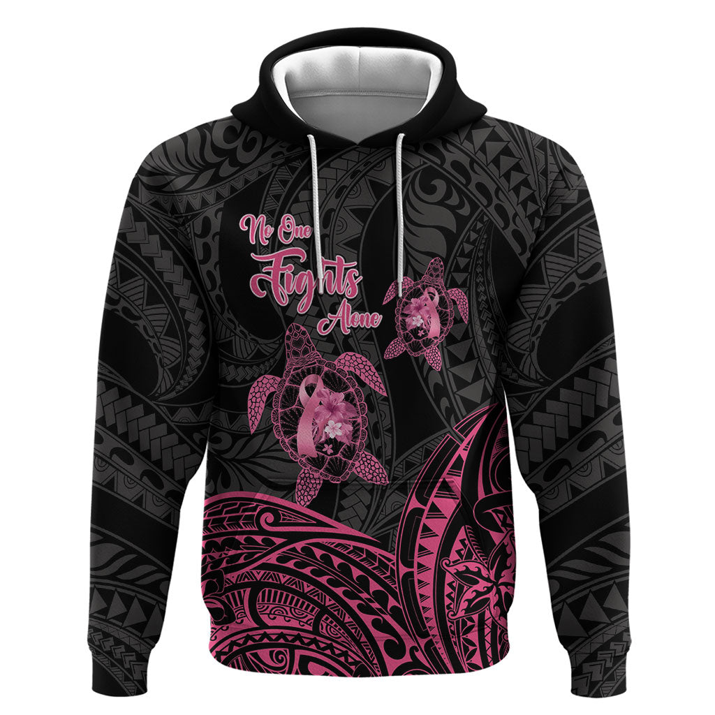 Personalised Polynesia Breast Cancer Support Hoodie No One Fights Alone Turtle Ribbon Black