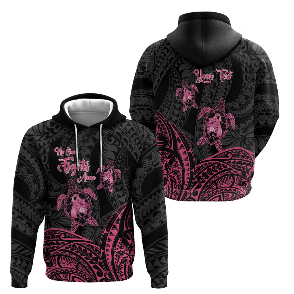 Personalised Polynesia Breast Cancer Support Hoodie No One Fights Alone Turtle Ribbon Black