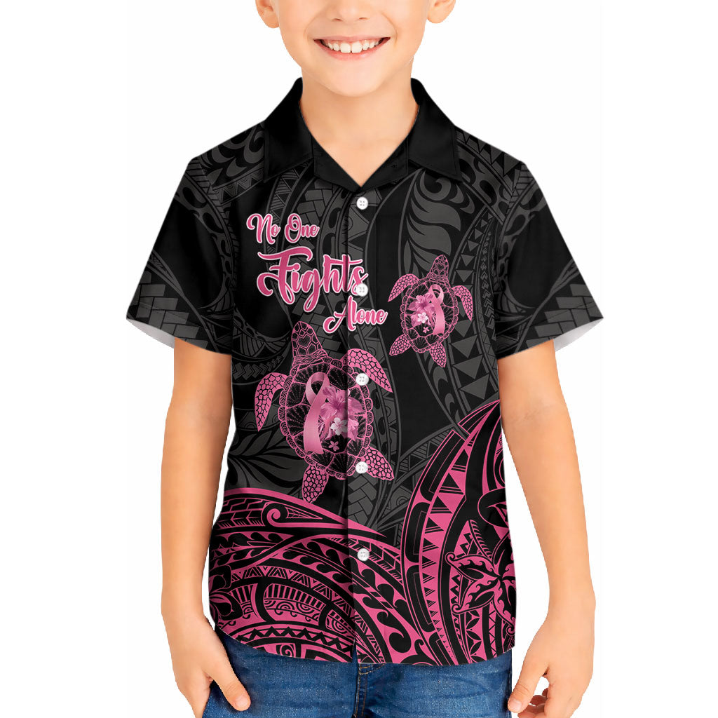 Personalised Polynesia Breast Cancer Support Kid Hawaiian Shirt No One Fights Alone Turtle Ribbon Black