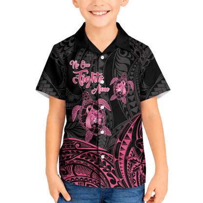 Personalised Polynesia Breast Cancer Support Kid Hawaiian Shirt No One Fights Alone Turtle Ribbon Black