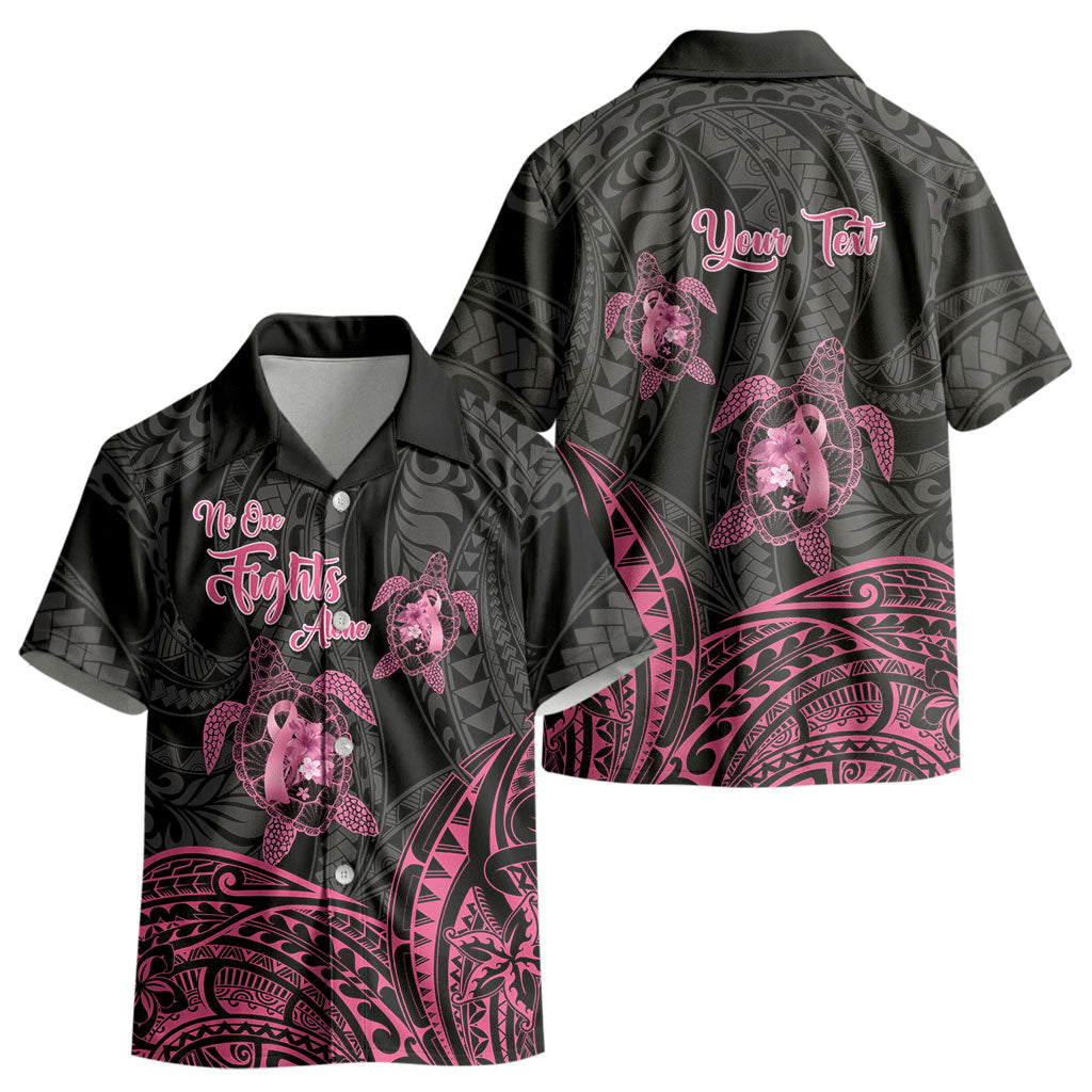 Personalised Polynesia Breast Cancer Support Kid Hawaiian Shirt No One Fights Alone Turtle Ribbon Black