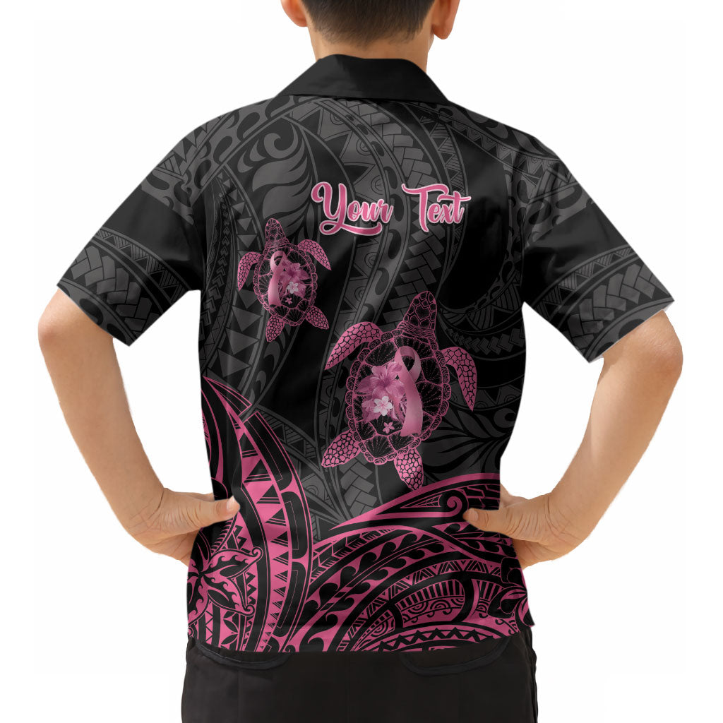 Personalised Polynesia Breast Cancer Support Kid Hawaiian Shirt No One Fights Alone Turtle Ribbon Black