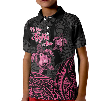 Personalised Polynesia Breast Cancer Support Kid Polo Shirt No One Fights Alone Turtle Ribbon Black