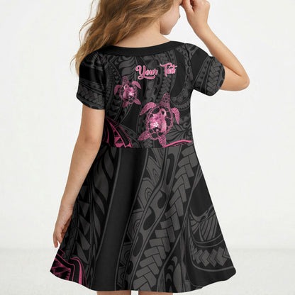 Personalised Polynesia Breast Cancer Support Kid Short Sleeve Dress No One Fights Alone Turtle Ribbon Black