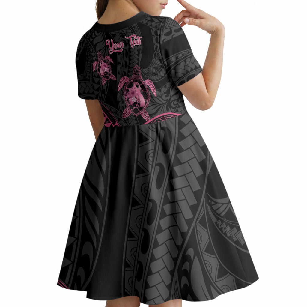 Personalised Polynesia Breast Cancer Support Kid Short Sleeve Dress No One Fights Alone Turtle Ribbon Black