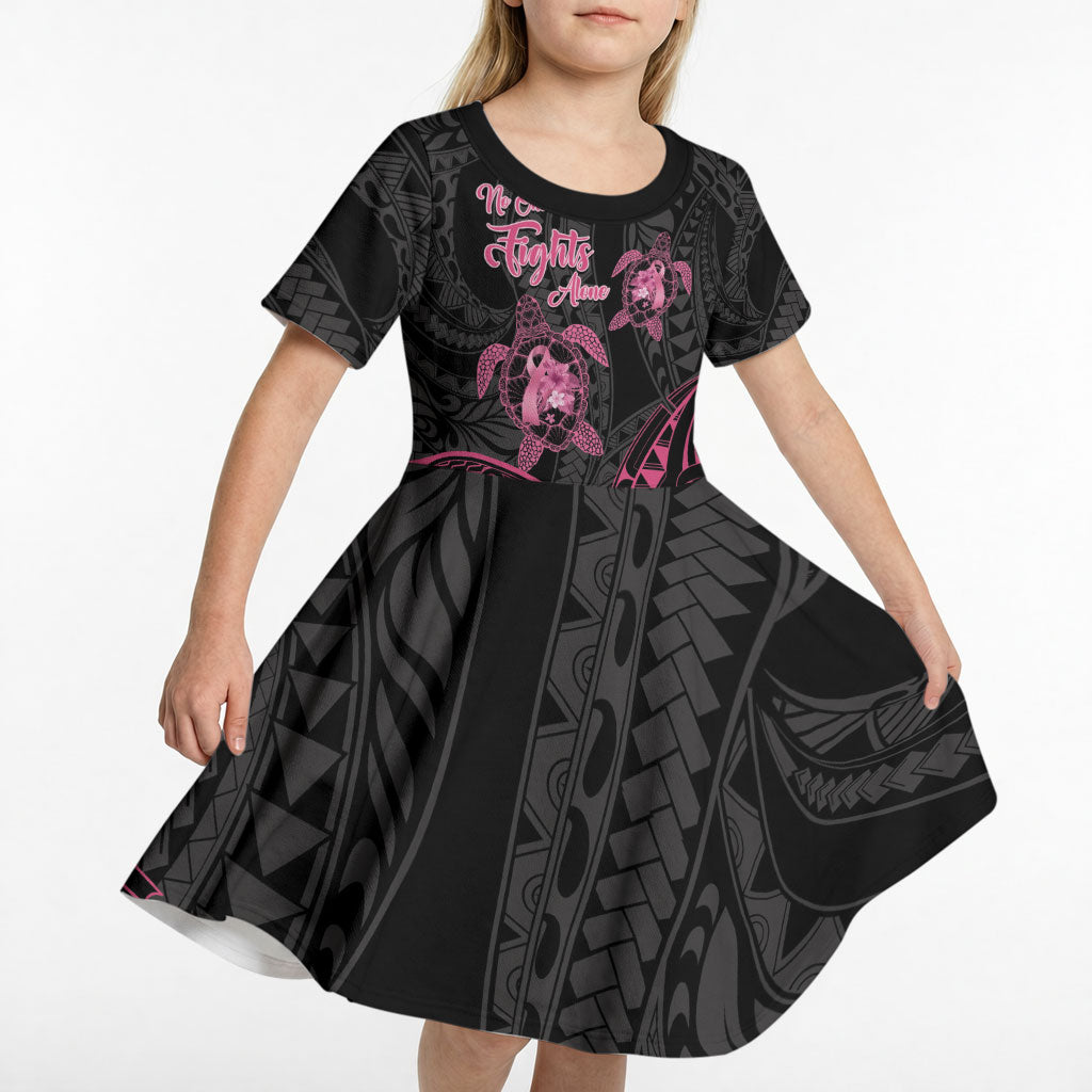 Personalised Polynesia Breast Cancer Support Kid Short Sleeve Dress No One Fights Alone Turtle Ribbon Black