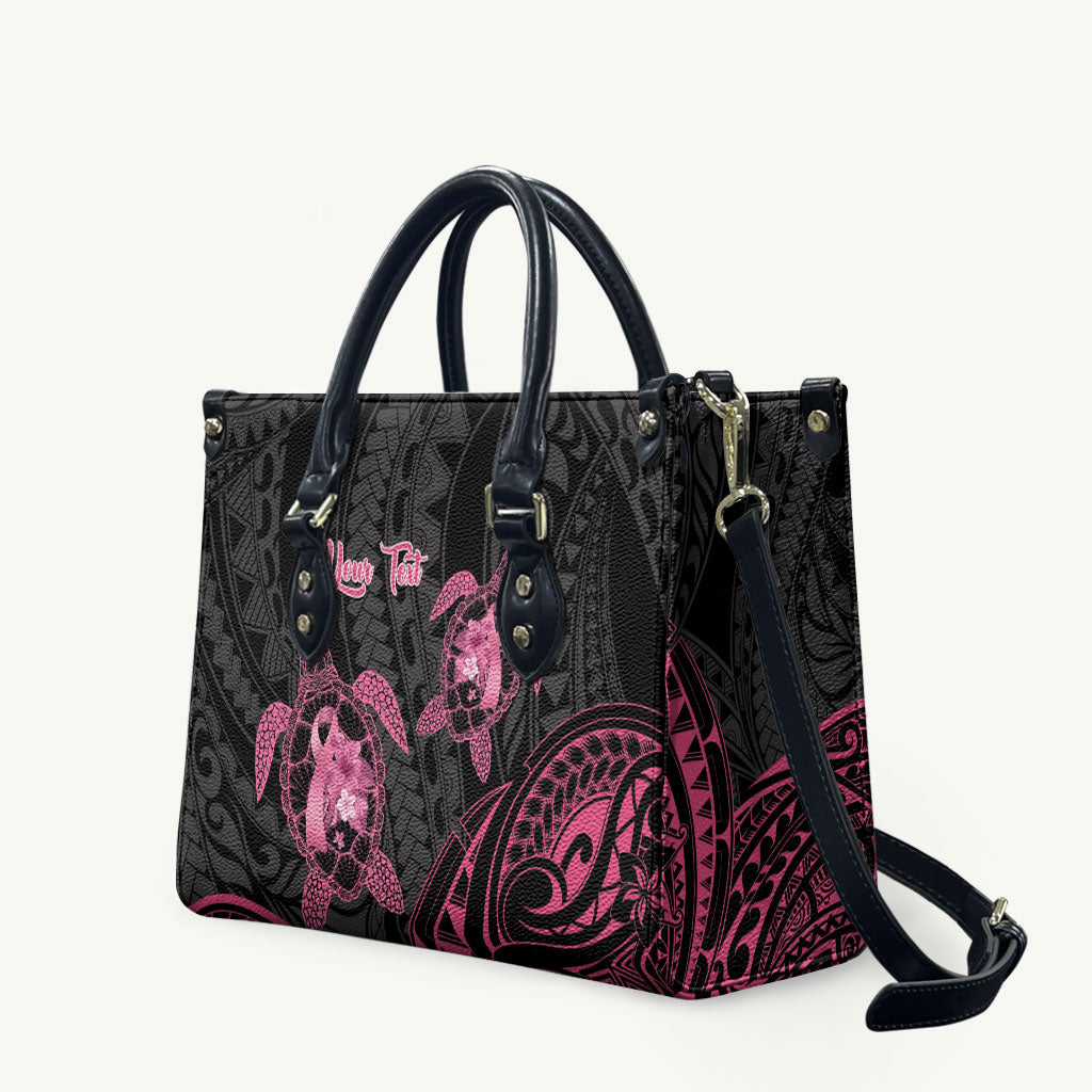 Personalised Polynesia Breast Cancer Support Leather Bag No One Fights Alone Turtle Ribbon Black