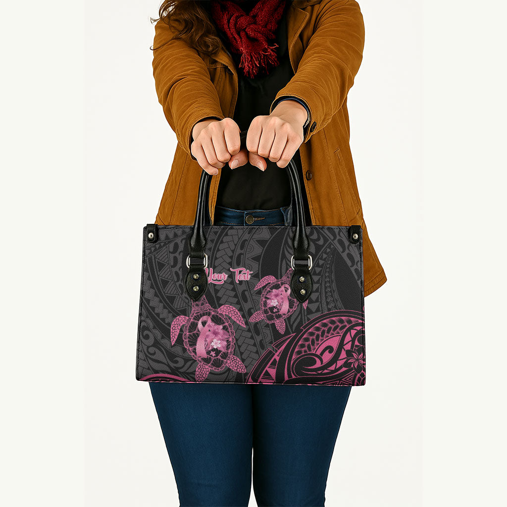 Personalised Polynesia Breast Cancer Support Leather Bag No One Fights Alone Turtle Ribbon Black