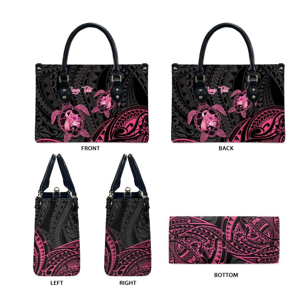 Personalised Polynesia Breast Cancer Support Leather Bag No One Fights Alone Turtle Ribbon Black