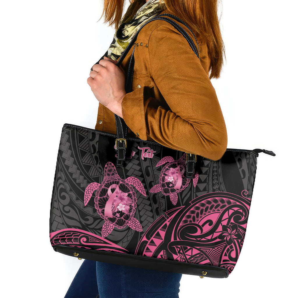 Personalised Polynesia Breast Cancer Support Leather Tote Bag No One Fights Alone Turtle Ribbon Black
