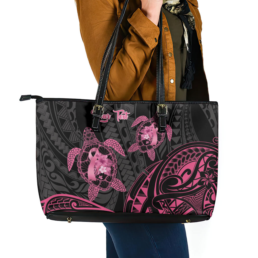 Personalised Polynesia Breast Cancer Support Leather Tote Bag No One Fights Alone Turtle Ribbon Black