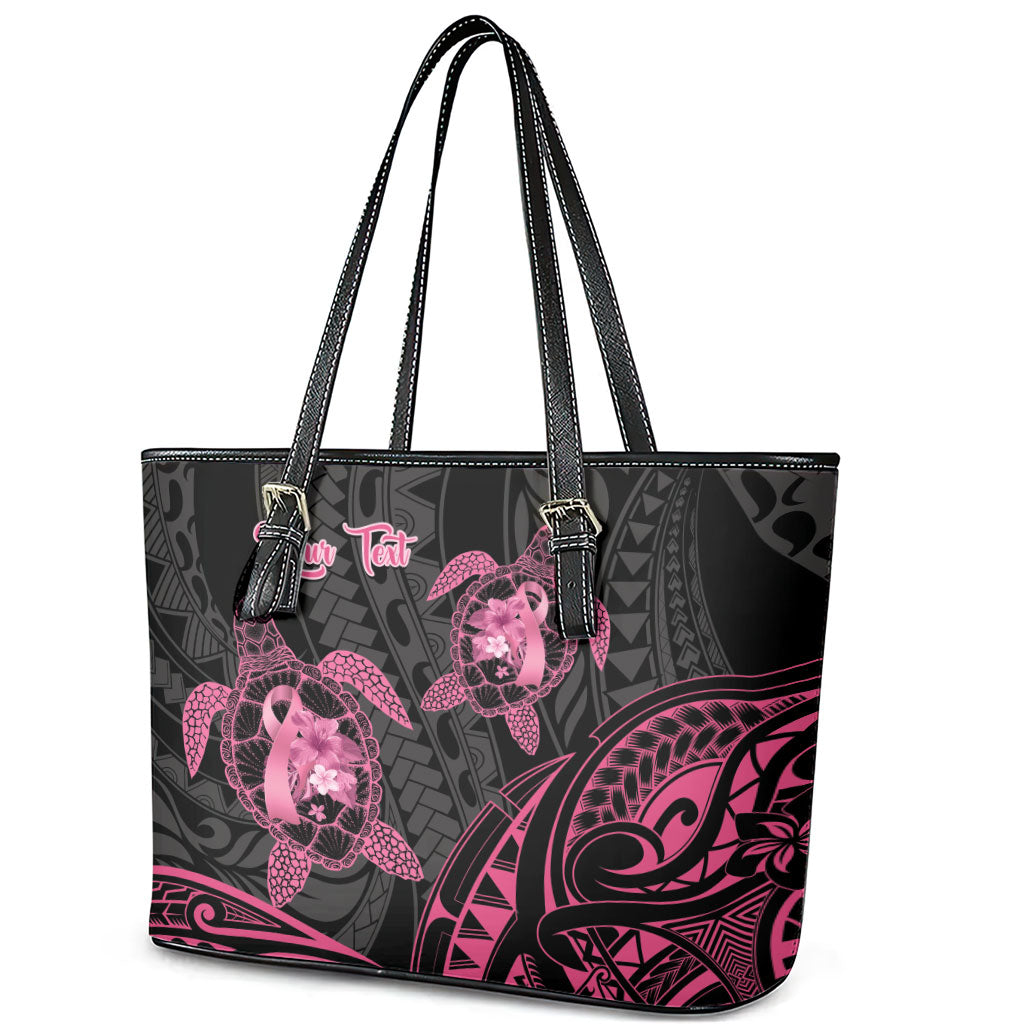 Personalised Polynesia Breast Cancer Support Leather Tote Bag No One Fights Alone Turtle Ribbon Black