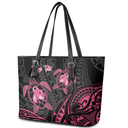 Personalised Polynesia Breast Cancer Support Leather Tote Bag No One Fights Alone Turtle Ribbon Black