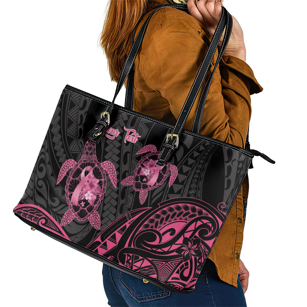 Personalised Polynesia Breast Cancer Support Leather Tote Bag No One Fights Alone Turtle Ribbon Black