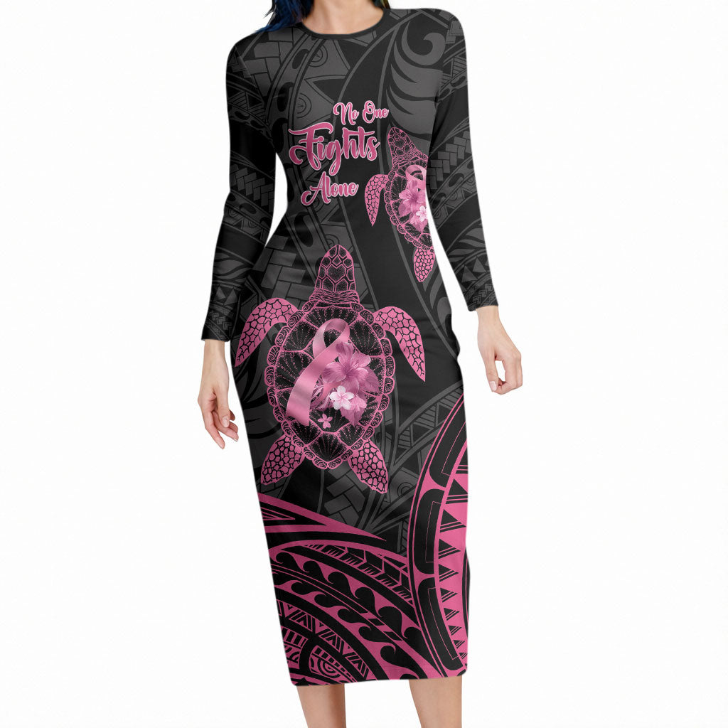 Personalised Polynesia Breast Cancer Support Long Sleeve Bodycon Dress No One Fights Alone Turtle Ribbon Black