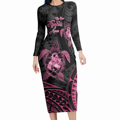 Personalised Polynesia Breast Cancer Support Long Sleeve Bodycon Dress No One Fights Alone Turtle Ribbon Black