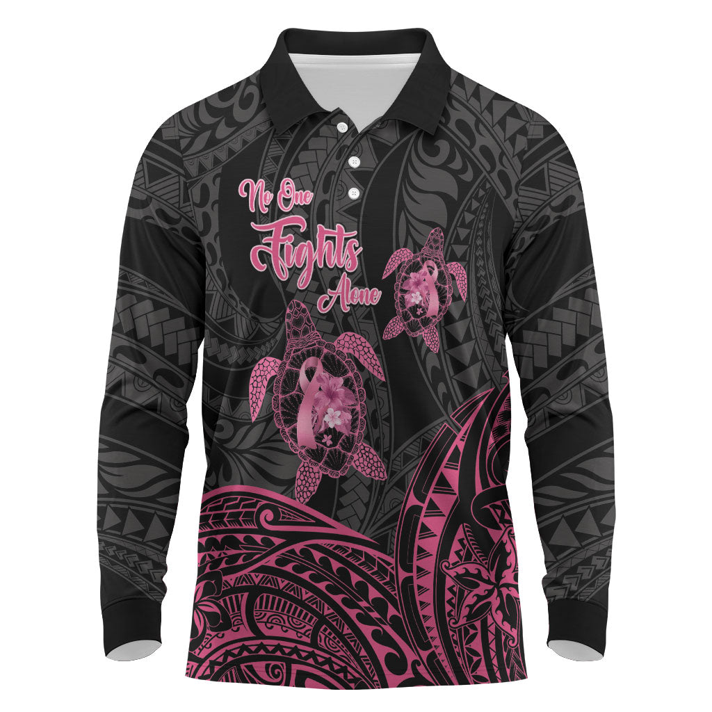 Personalised Polynesia Breast Cancer Support Long Sleeve Polo Shirt No One Fights Alone Turtle Ribbon Black